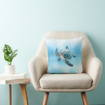 Shimmering Turquoise Sea Turtle | Coastal Cushion<br><div class="desc">An insanely detailed shimmering turtle on a blue bokeh background.</div>