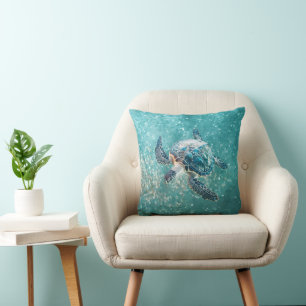 Shimmering Turquoise Sea Turtle   Coastal Cushion
