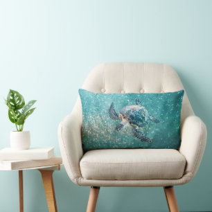 Shimmering Turquoise Sea Turtle   Coastal Lumbar Cushion