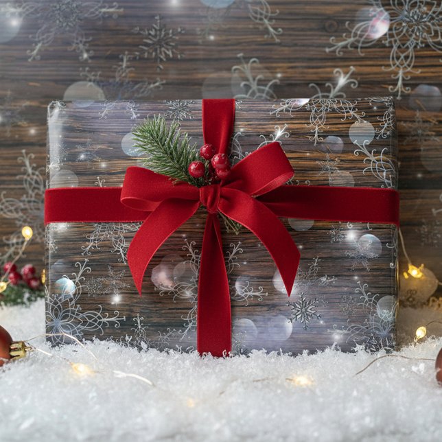 Shimmering Winter Silver Snowflakes On Barn Wood Wrapping Paper Sheet (Creator Uploaded)