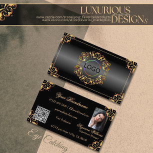 Shimmery Black Gold Decor Logo Photo and QR Code Business Card