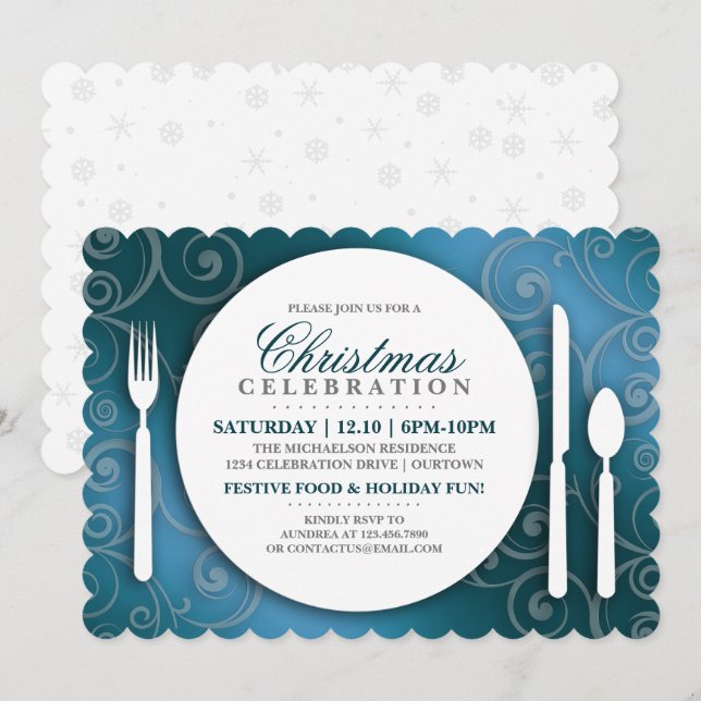 Shimmery Blue Christmas Dinner Party Invitation (Front/Back)