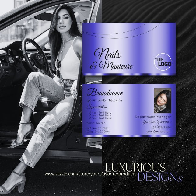 Shimmery Blue Glamourous with Logo and Photo Business Card (Creator Uploaded)