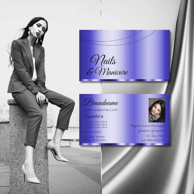 Shimmery Blue Glamourous with Photo Modern Business Card (Creator Uploaded)