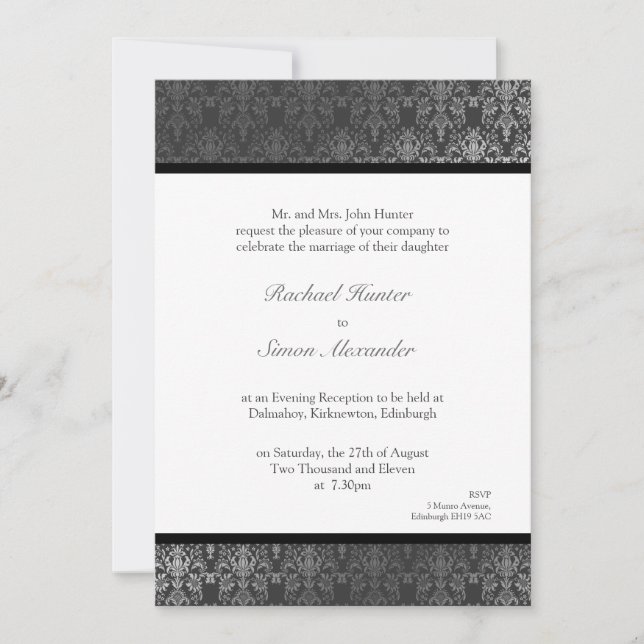 Shimmery Effect Damask Wedding Invitation - Gray (Front)