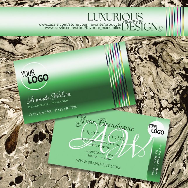 Shimmery Emerald Green Colourful Stripes add Logo Business Card (Creator Uploaded)