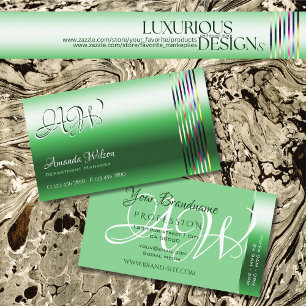 Shimmery Emerald Green Colourful Stripes Monogram Business Card