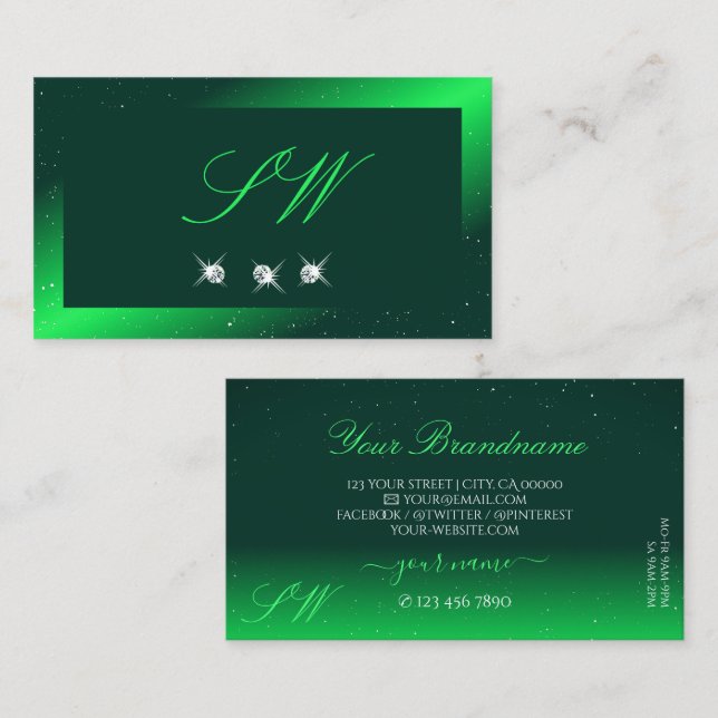 Shimmery Emerald Green Sparkling Diamonds Monogram Business Card (Front/Back)
