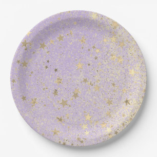 Shimmery Glittery Gold Stars on Lavender      Paper Plate