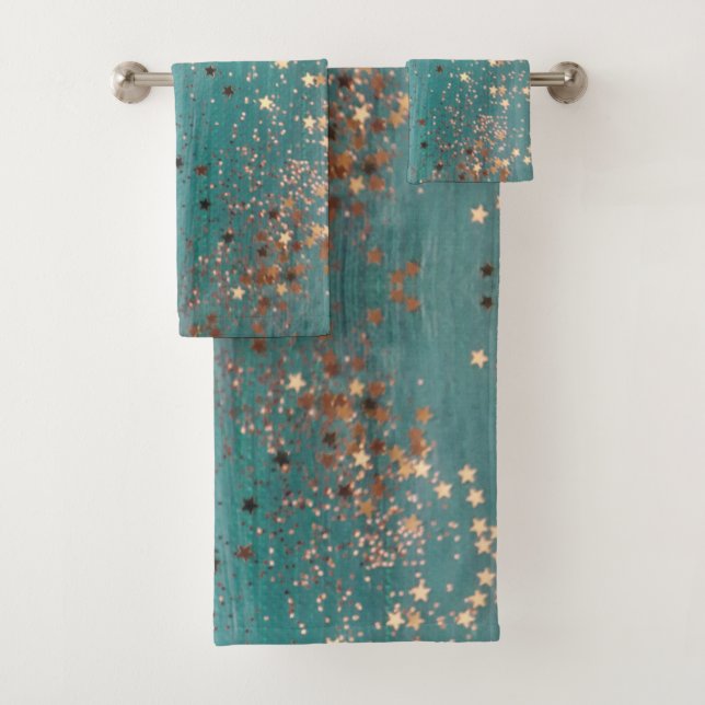 Shimmery Gold Stars on Teal  Bath Towel Set (Insitu)