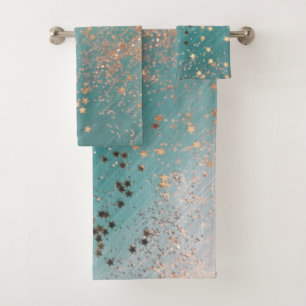 Shimmery Gold Stars on Teal  Bath Towel Set