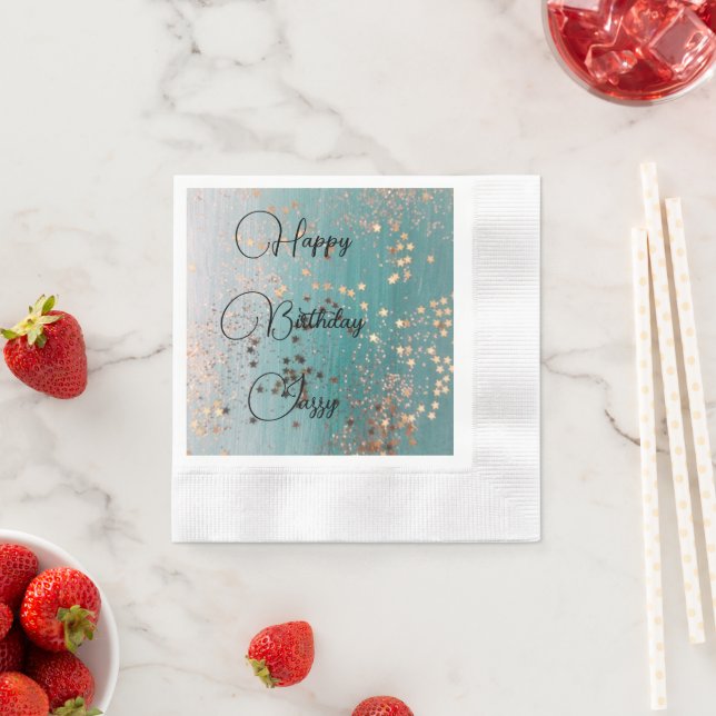 Shimmery Gold Stars on Teal Birthday Napkin (Insitu)