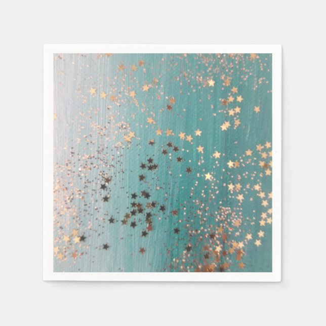 Shimmery Gold Stars on Teal  Napkin (Front)
