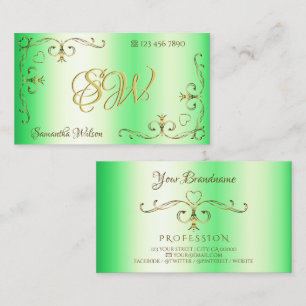 Shimmery Green with Gold Ornate Corners Initials Business Card