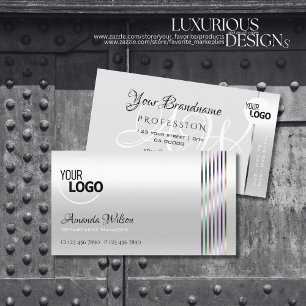 Shimmery Light Silver Colourful Stripes add Logo Business Card