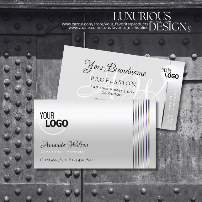 Shimmery Light Silver Colourful Stripes add Logo Business Card (Creator Uploaded)