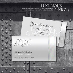 Shimmery Light Silver Colourful Stripes Monogram Business Card