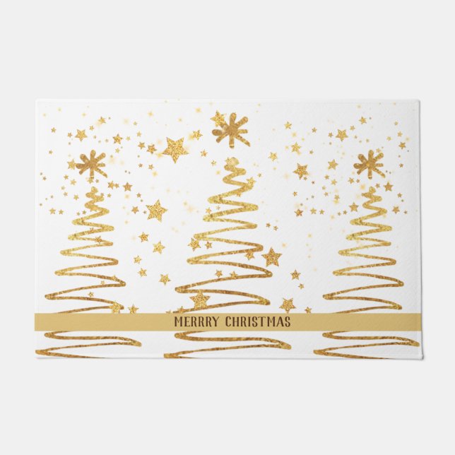 Shimmery modern stylish gold tree Christmas white Doormat (Front)