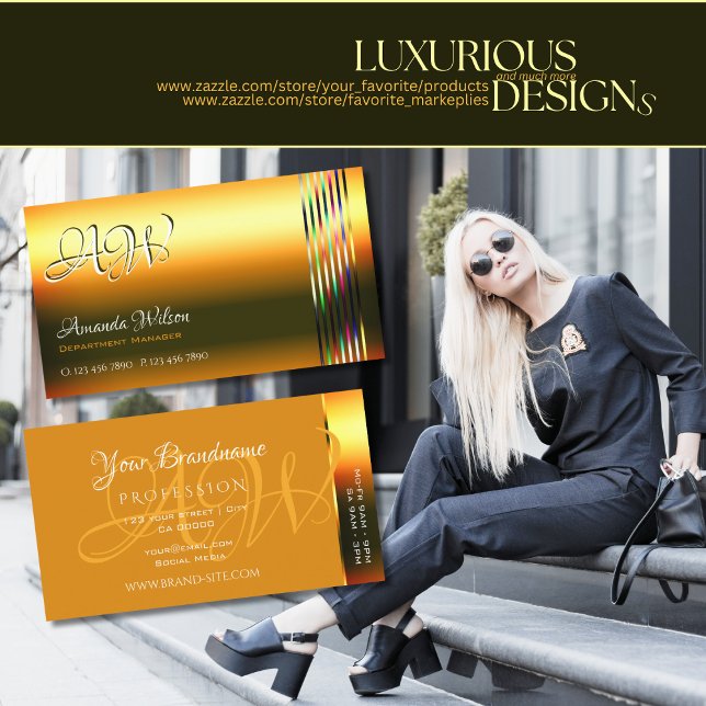 Shimmery Orange Colourful Decor Stripes Monogram  Business Card (Creator Uploaded)