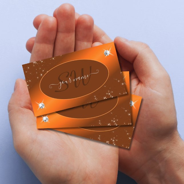 Shimmery Orange Cute Glitter Stars Jewels Initials Business Card (Creator Uploaded)