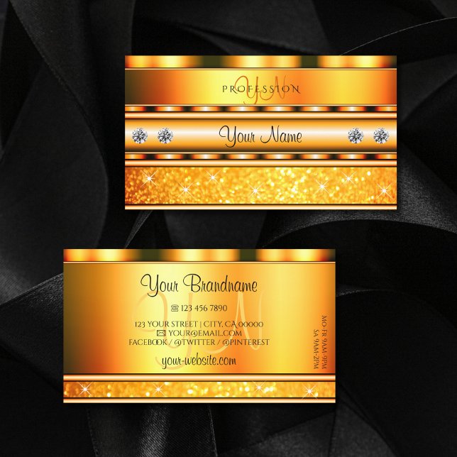 Shimmery Orange Sparkling Glitter Stars Monogram Business Card (Creator Uploaded)