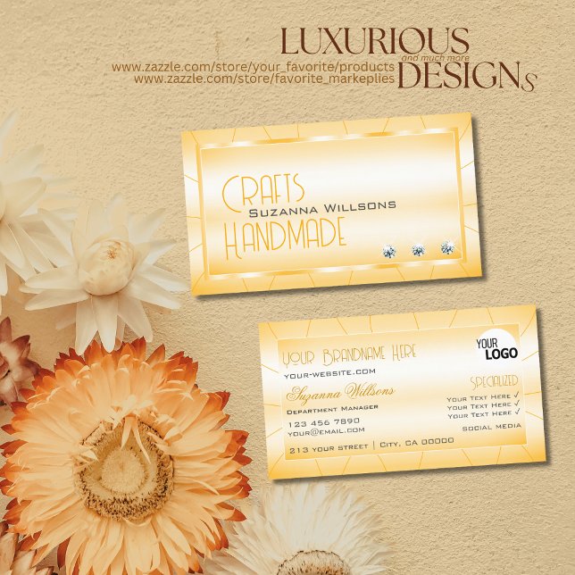 Shimmery Orange with Diamonds and Logo Luxe Glam Business Card (Creator Uploaded)
