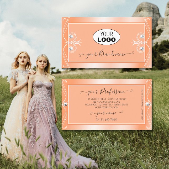 Shimmery Peach Sparkling Diamonds with Logo Ornate Business Card (Creator Uploaded)