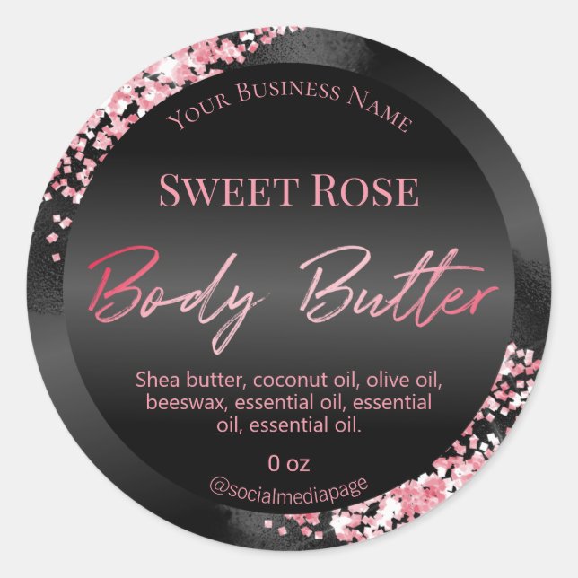 Shimmery Pink And Black Body Butter Labels (Front)