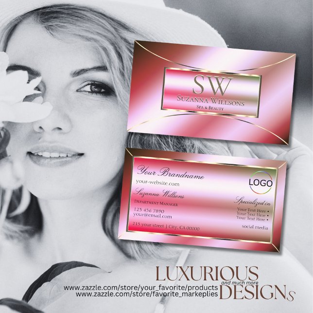 Shimmery Pink Green Ombre with Monogram and Logo Business Card (Creator Uploaded)