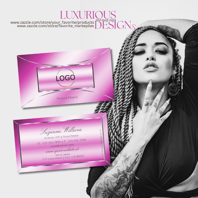 Shimmery Pink with Silver Decor and Logo Stylish Business Card (Creator Uploaded)