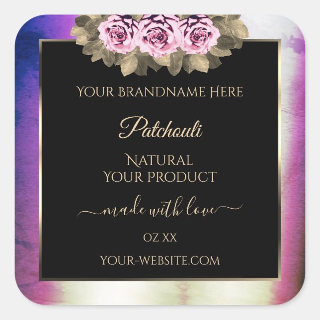 Shimmery Purple Marble Floral Black Product Labels (Front)