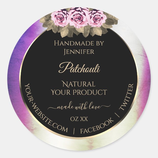 Shimmery Purple Marble Floral Black Product Labels (Front)