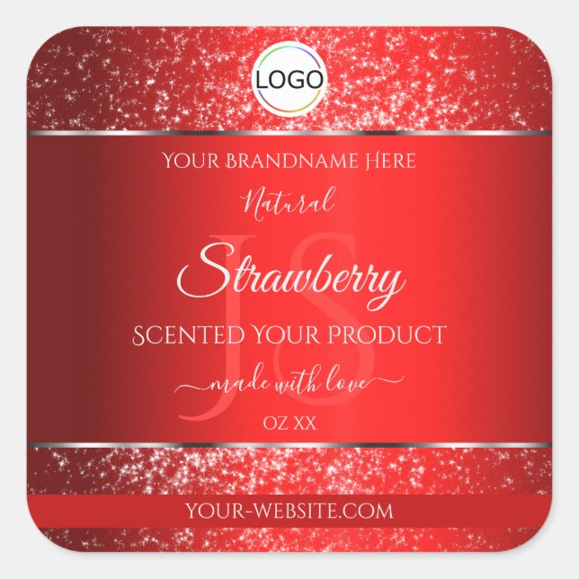 Shimmery Red Logo Initials Glitter Product Labels (Front)
