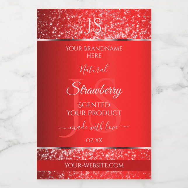 Shimmery Red with Glitter Initials Product Labels (Single Label)