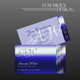 Shimmery Royal Blue Colourful Stripes and Monogram Business Card