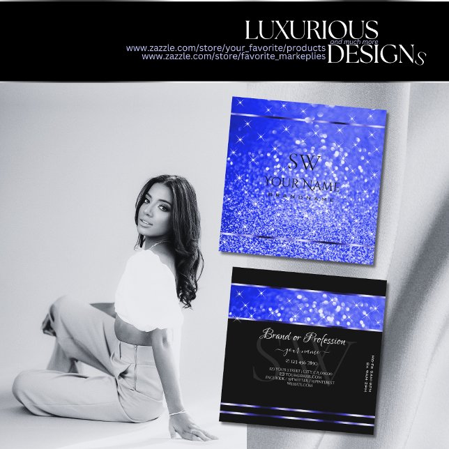 Shimmery Royal Blue Glitter Sparkle Stars Initials Square Business Card (Creator Uploaded)