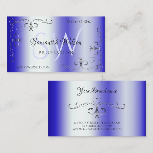 Shimmery Royal Blue Ornate Corner Border Initials Business Card (Front/Back)