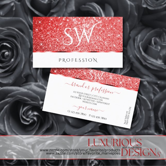 Shimmery Ruby Red Glitter Sparkle Stars Initials Business Card (Creator Uploaded)