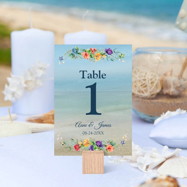 Shimmery Seashore Watercolor Floral Wedding Table Number (Creator Uploaded)