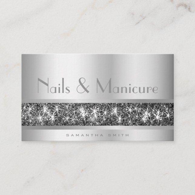 Shimmery Silver Glitter Glam Nail and Manicure Business Card (Front)