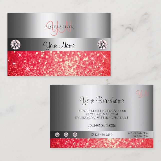 Shimmery Silver Sparkle Ruby Red Glitter Monogram Business Card (Front/Back)