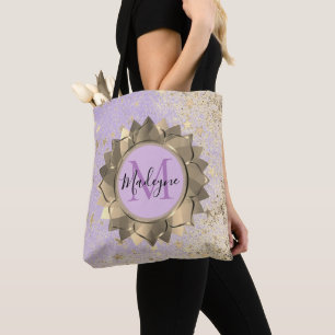Shimmery Stars Gold Lotus Mandala Monogram Tote Bag