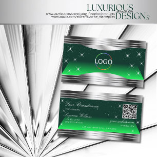 Shimmery Stars Green Silver Borders Logo QR Code Business Card