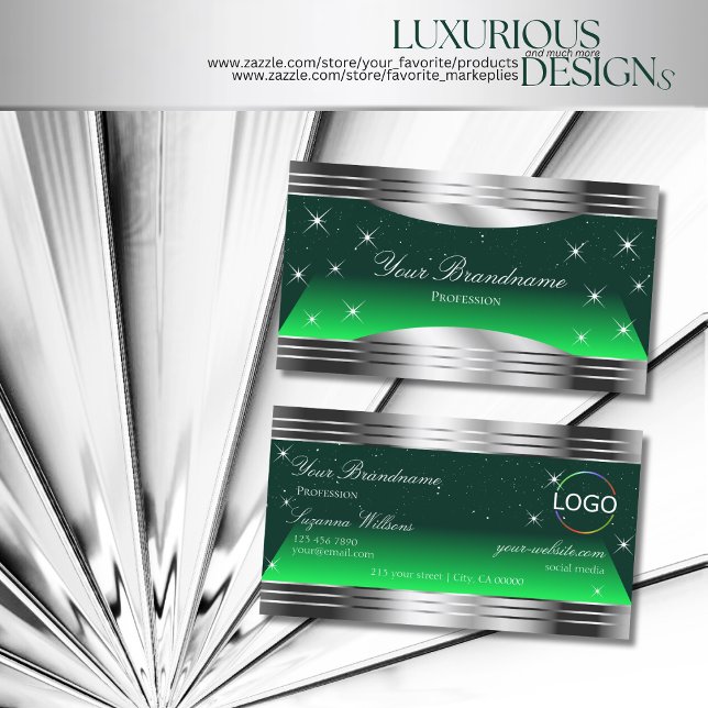 Shimmery Stars Green Silver Borders with Logo Business Card (Creator Uploaded)