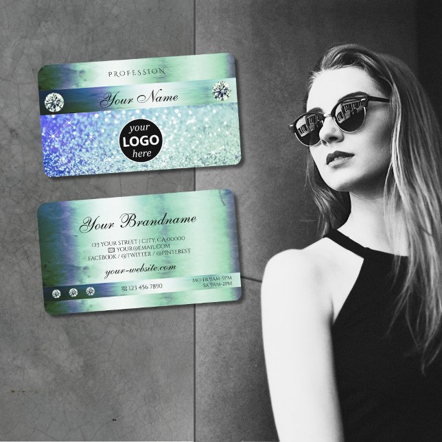 Shimmery Teal Blue Glitter Sparkle Stars with Logo Business Card (Creator Uploaded)
