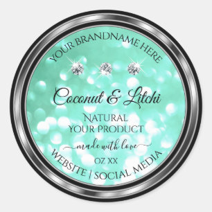Shimmery Teal Glitter Product Labels with Diamonds