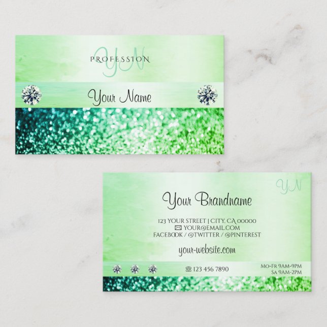 Shimmery Teal Green Glitter Monogram Professional Business Card (Front/Back)