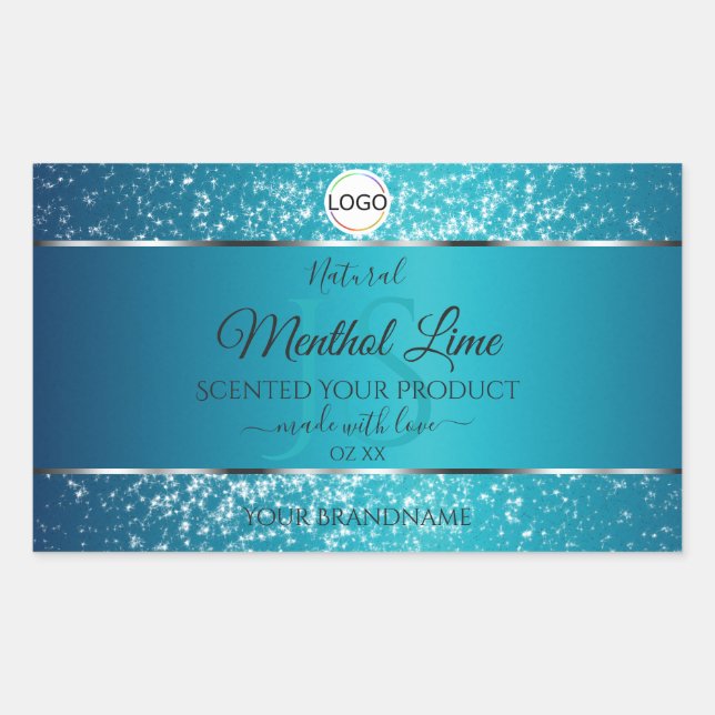 Shimmery Teal Logo Initials Glitter Product Labels (Front)