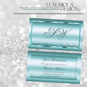 Shimmery Teal with Diamonds and Monogram Elegant Business Card