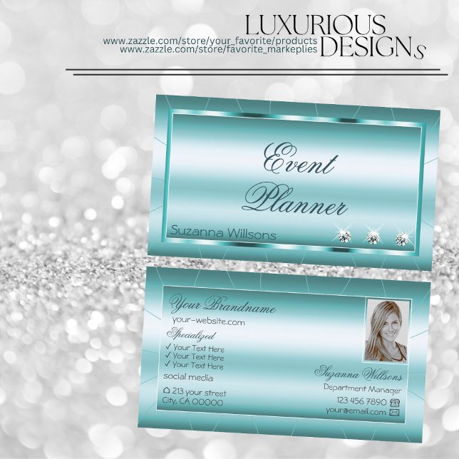 Shimmery Teal with Diamonds and Photo Professional Business Card (Creator Uploaded)